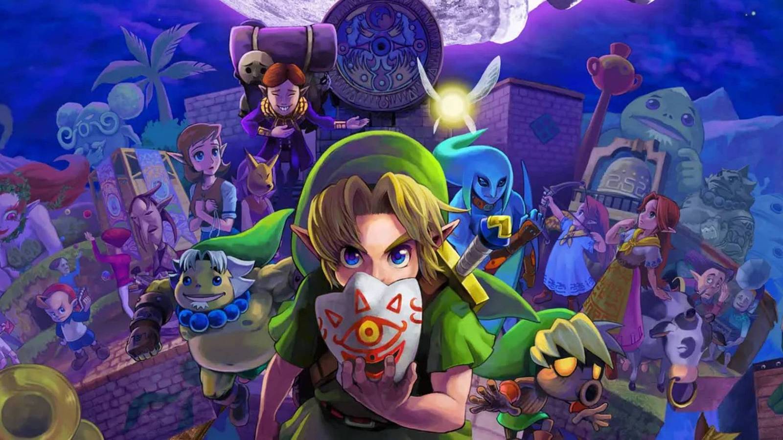Link holding a mask with characters behind him in the key art for Majora's Mask.