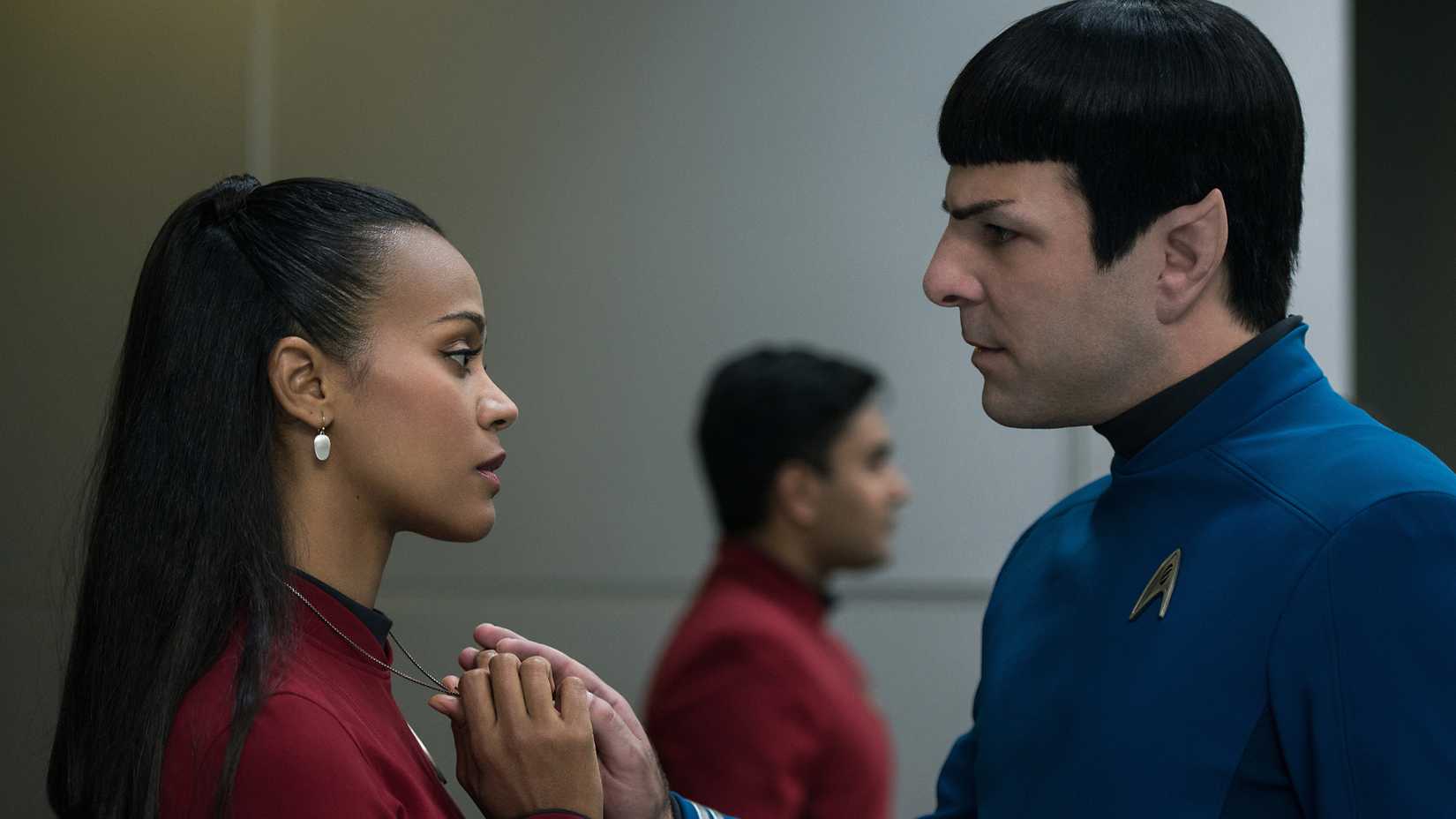 Zoe Saldana as Uhura and Zachary Quinto as Spock in Star Trek Beyond