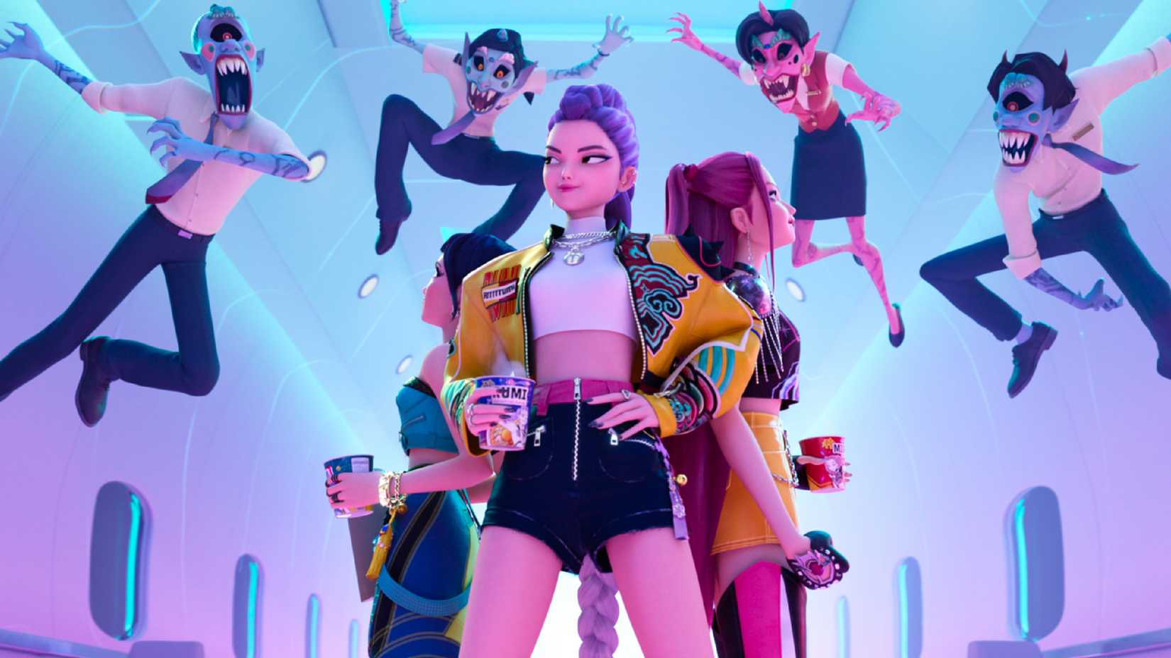 Zoey, Rumi, and Mira surrounded by demons in KPop Demon Hunters