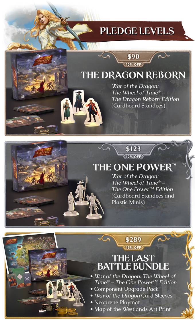 Image shows the Kickstarter tiers for War of the Dragon: The Wheel of Time®