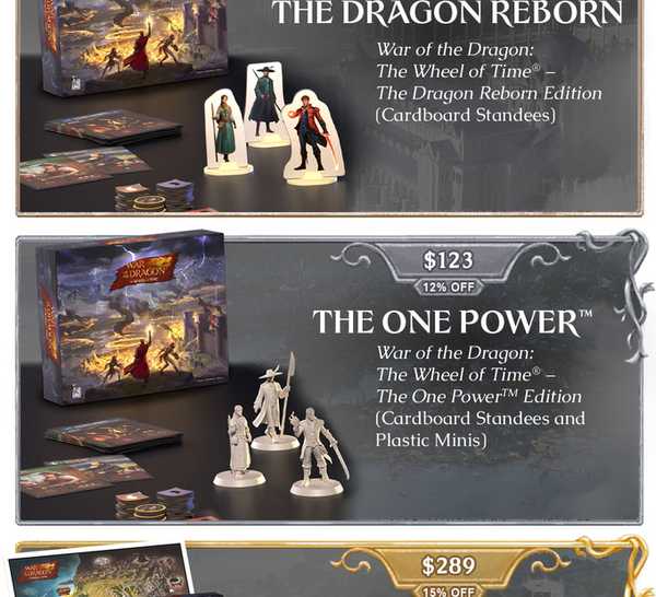 Image shows the Kickstarter tiers for War of the Dragon: The Wheel of Time®