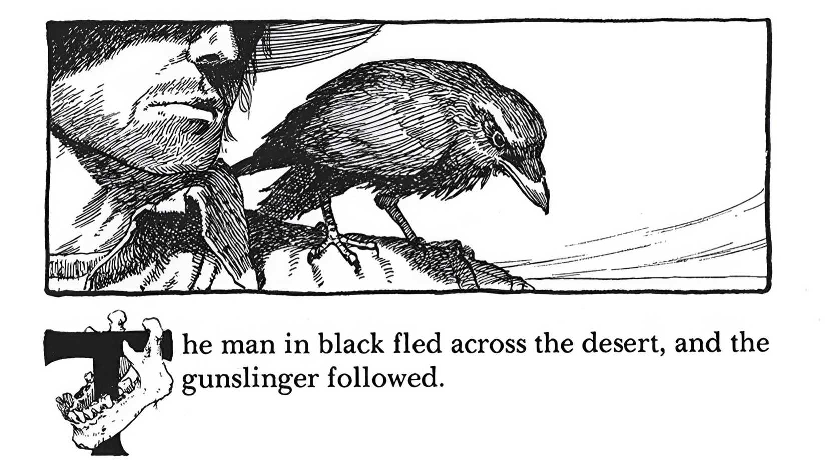 A gunslinger with a crow sitting on his shoulder with the first line from Stephen King’s The Dark Tower series