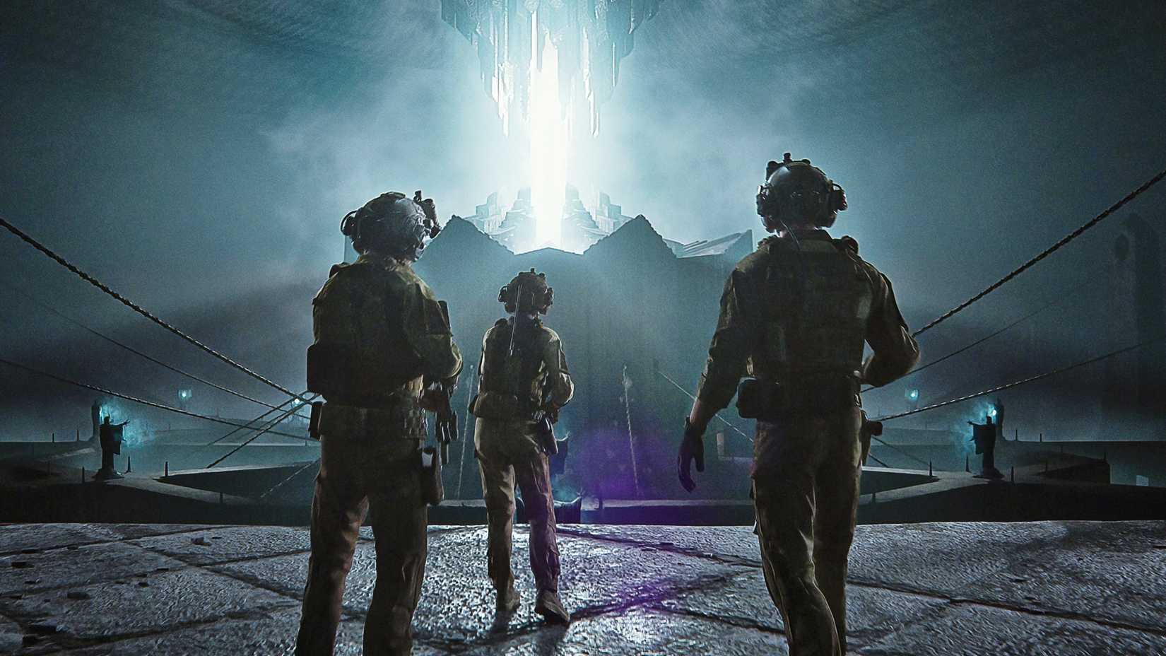Three soldiers approaching a temple in Love, Death & Robots’ “In Vaulted Halls Entombed”