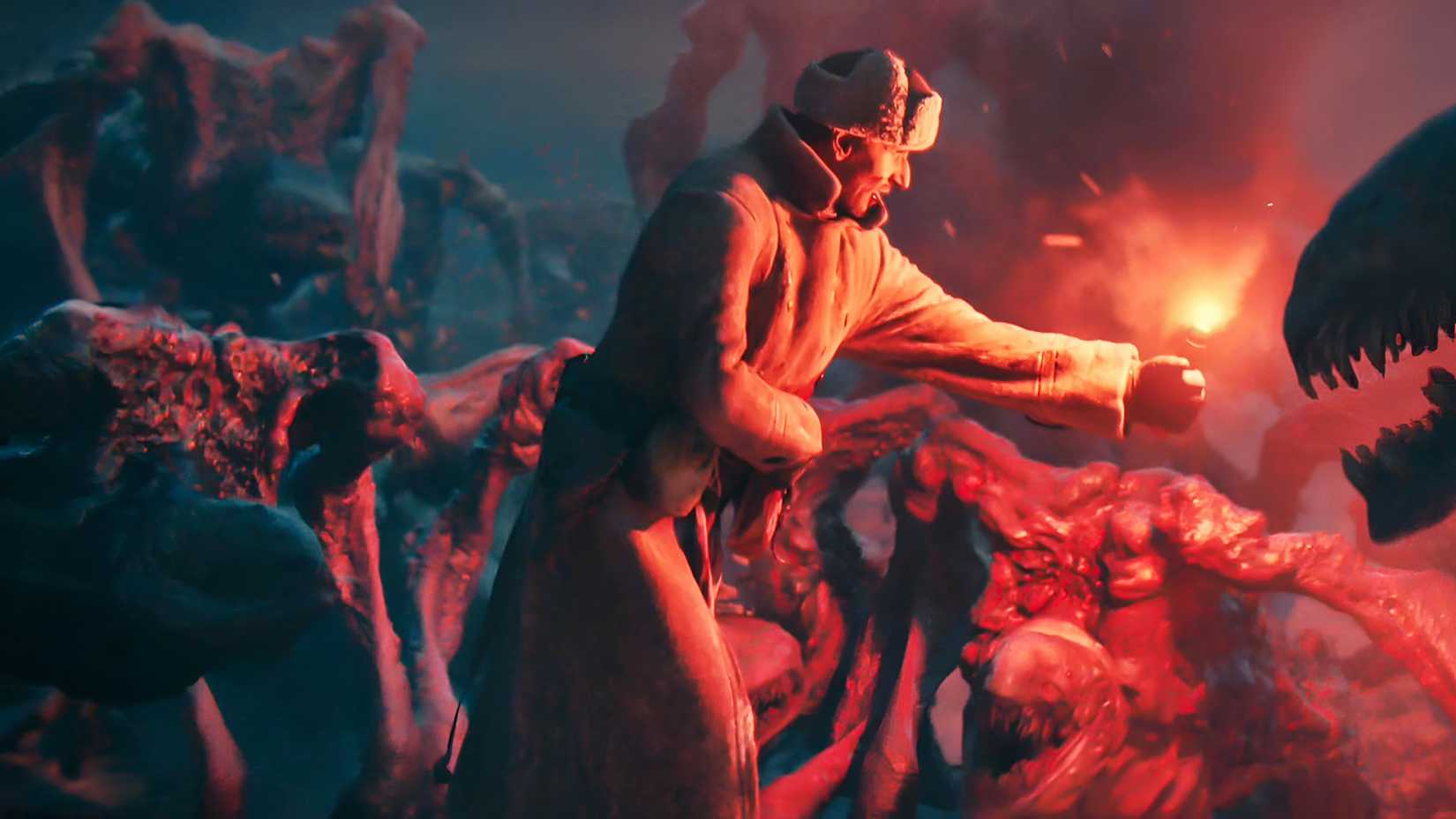 A Soviet soldier holding a flare against Lovecraftian alien monsters in Love, Death & Robots’ “Secret War” episode