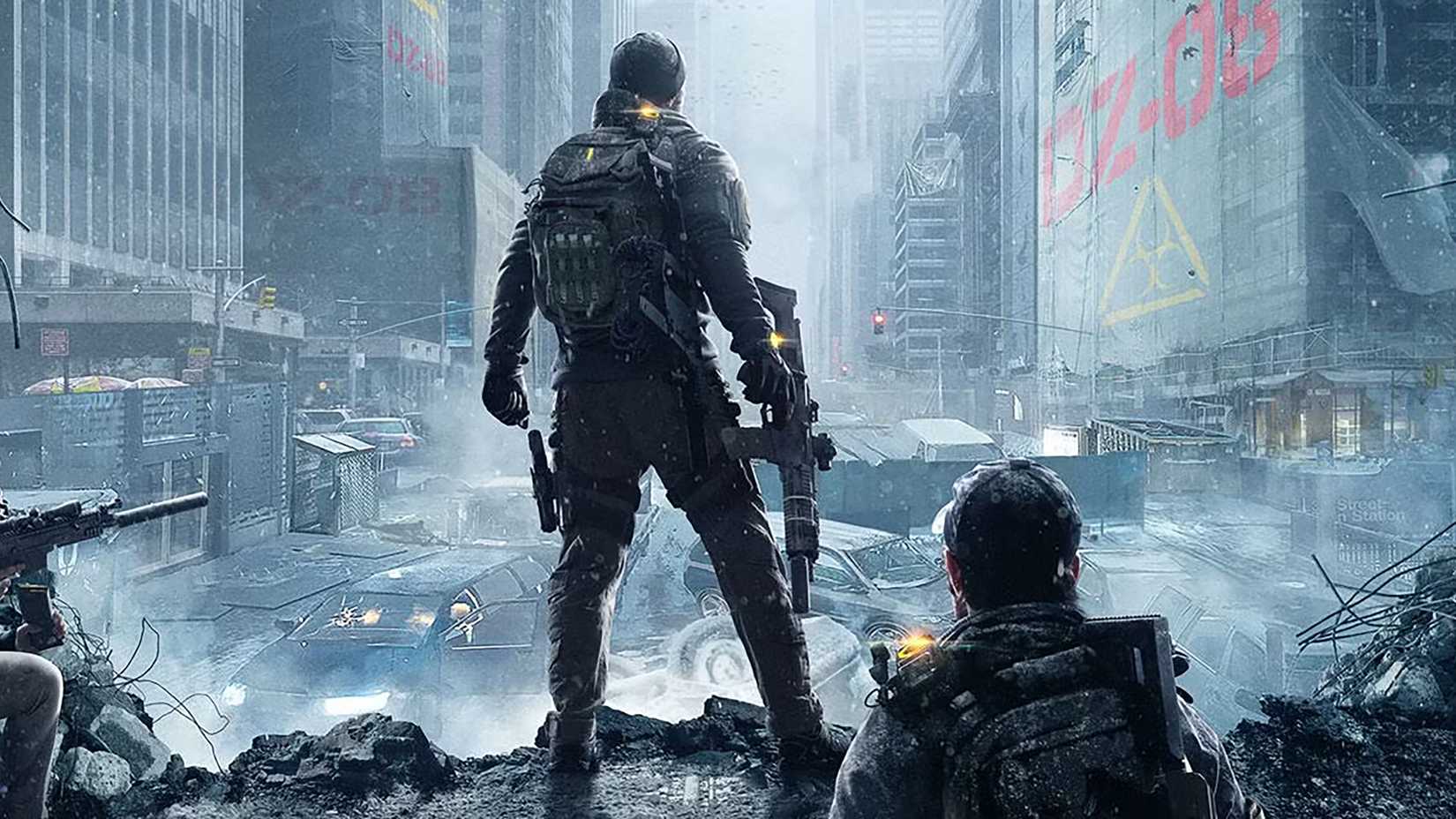 A character standing in a hole in the wall overlooking a wrecked Manhattan in The Division