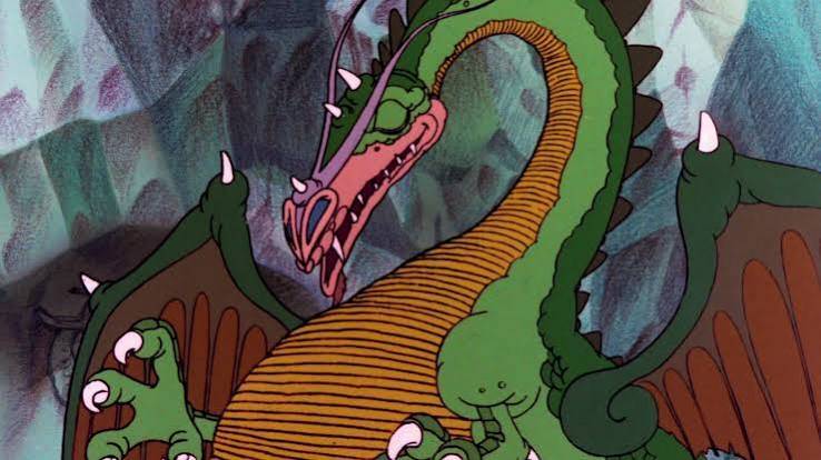 A green dragon with its eyes closed in The Flight of Dragons