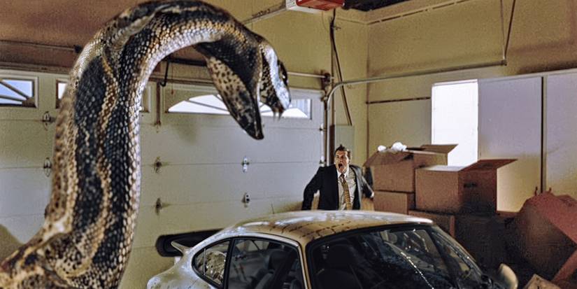 A man attacked in a garage by a giant snake in Python (2000)
