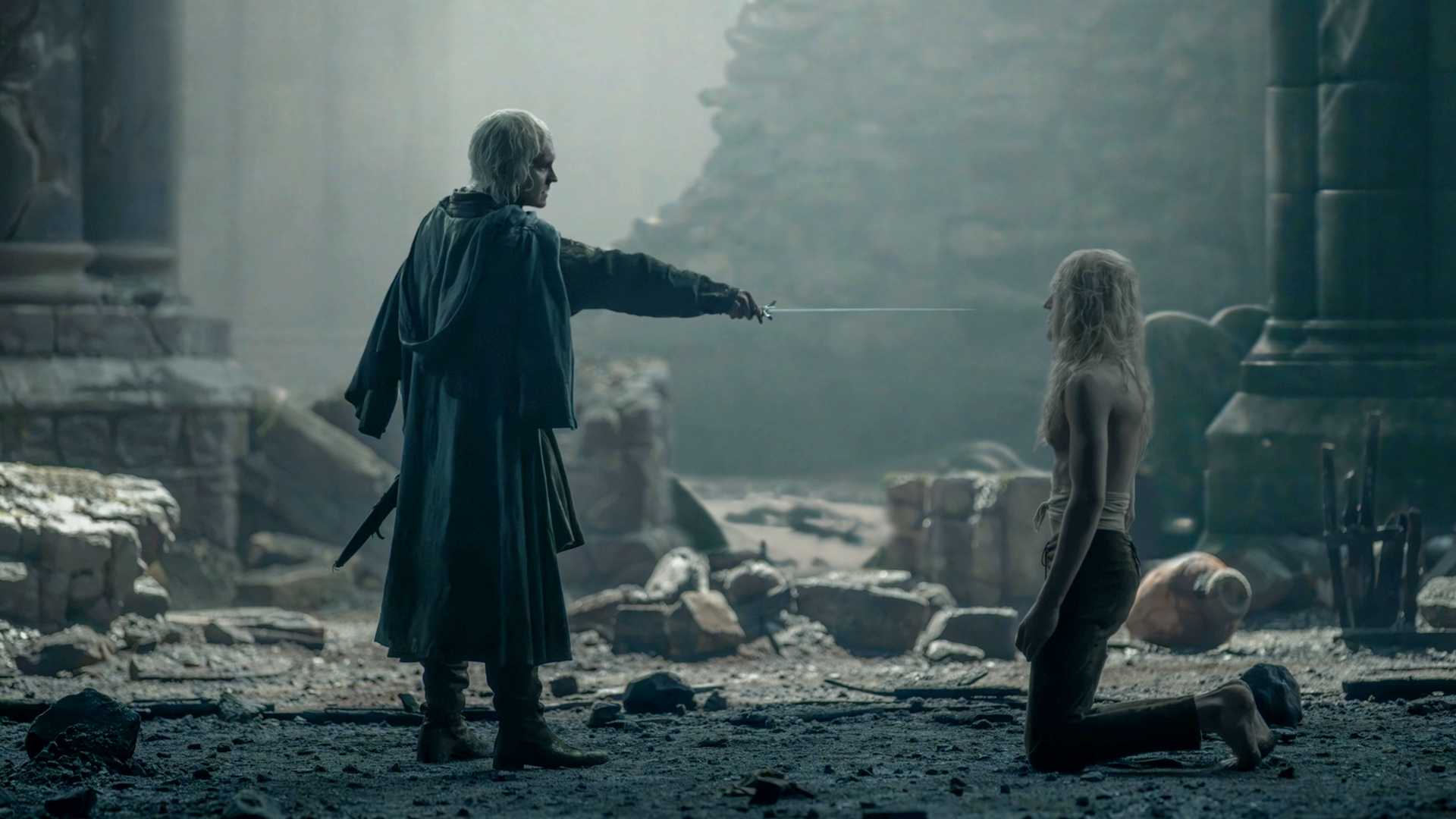 Aegon pointing a sword at Aemond in House of the Dragon season 3 episode 8
