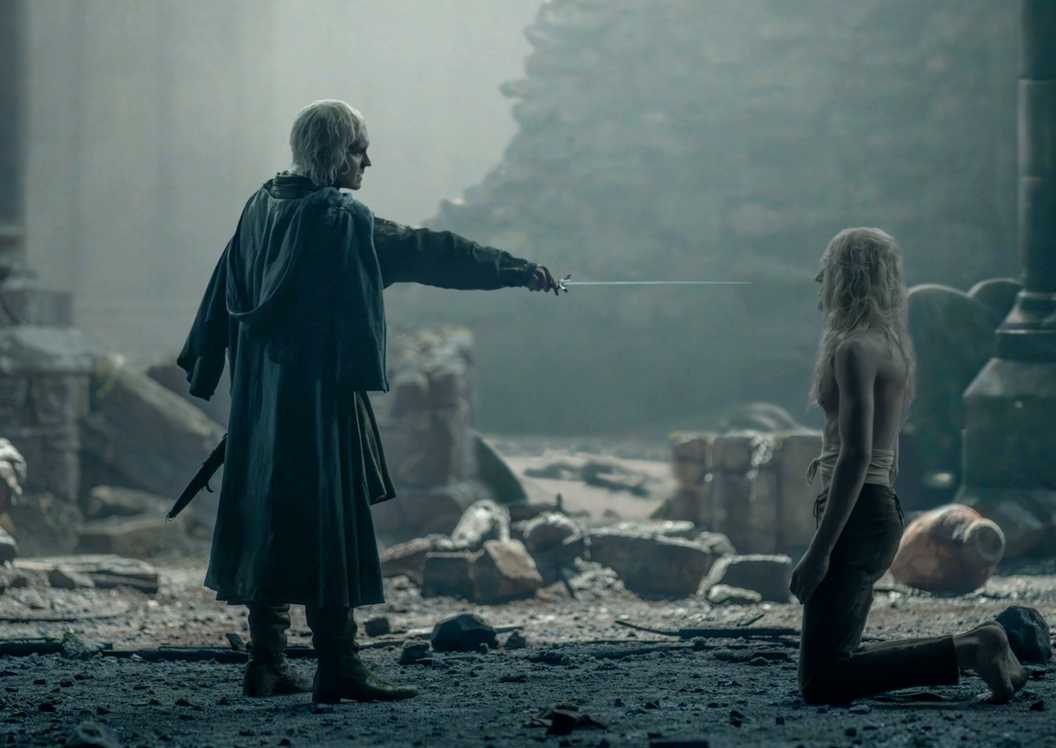 Aegon pointing a sword at Aemond in House of the Dragon season 3 episode 8