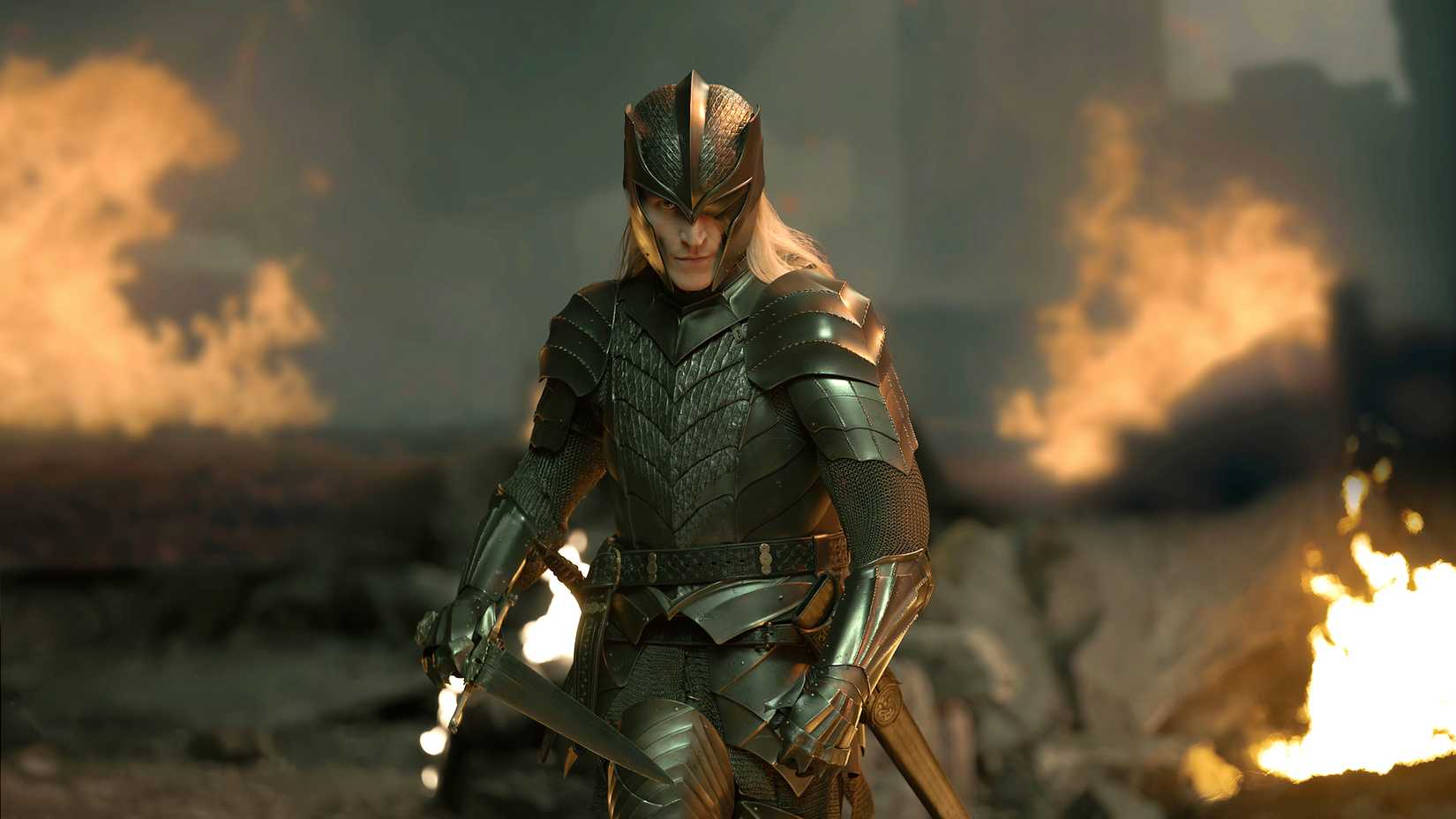 Aemond Targaryen in armor surrounded by fire in House of the Dragon season 3