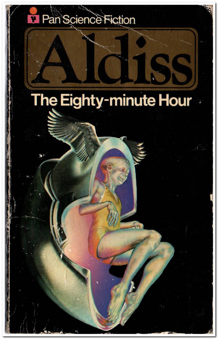The book cover of The Eighty-Minute Hour by Aldiss shows a human-esque alien in a silver chair with wings