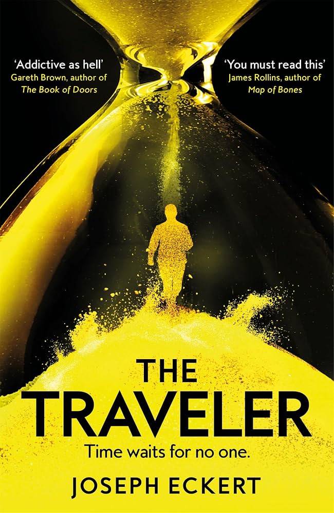 An alternate cover of The Traveler by Joseph Eckert shows a man in an hourglass filled with gold sand