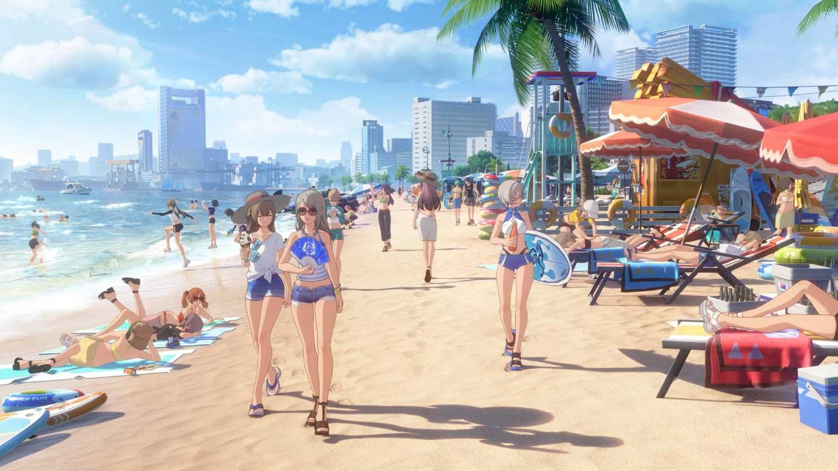 Characters walking down a beach in Ananta.
