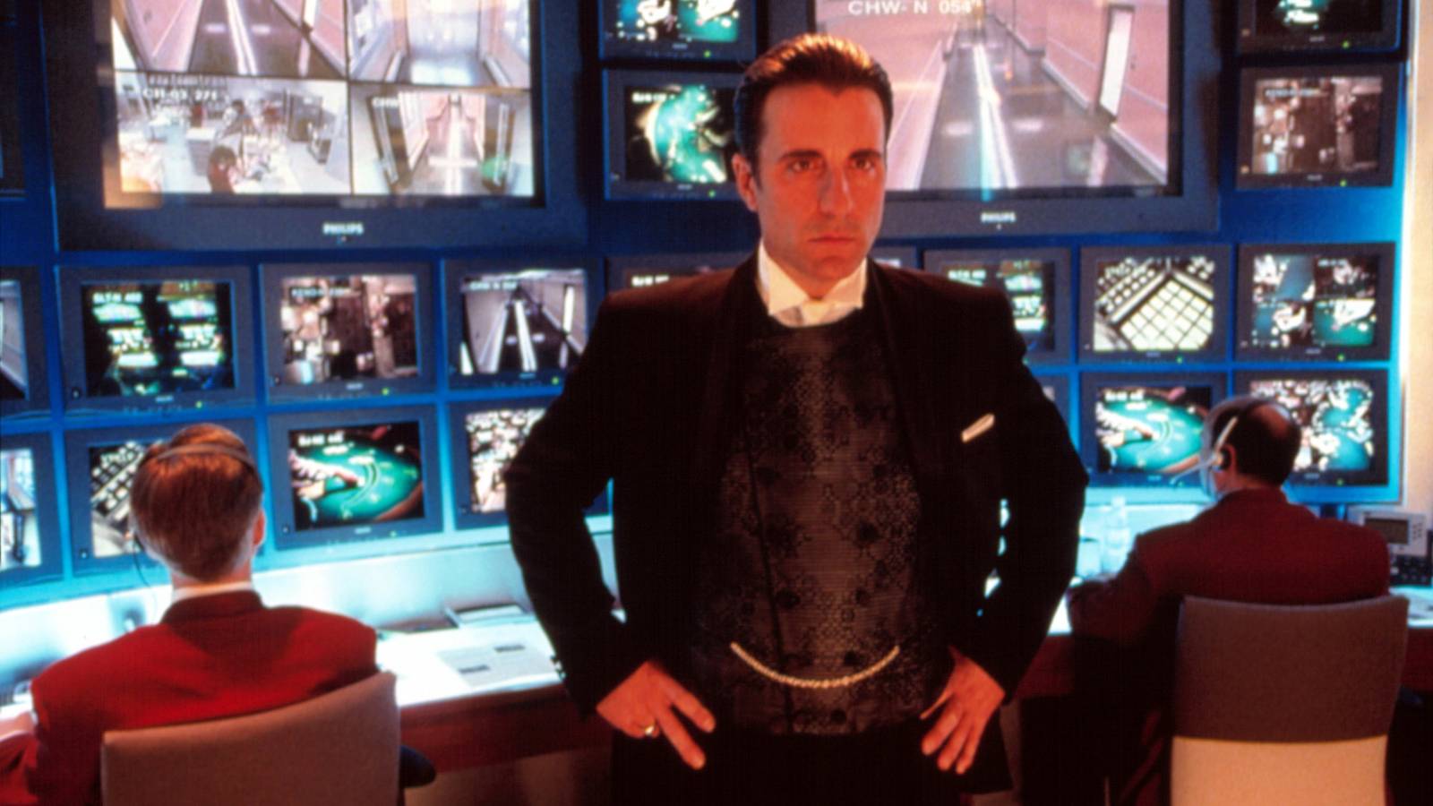 Andy Garcia poses dramatically inside a hi-tech casino security monitoring room in a scene from Ocean's Eleven