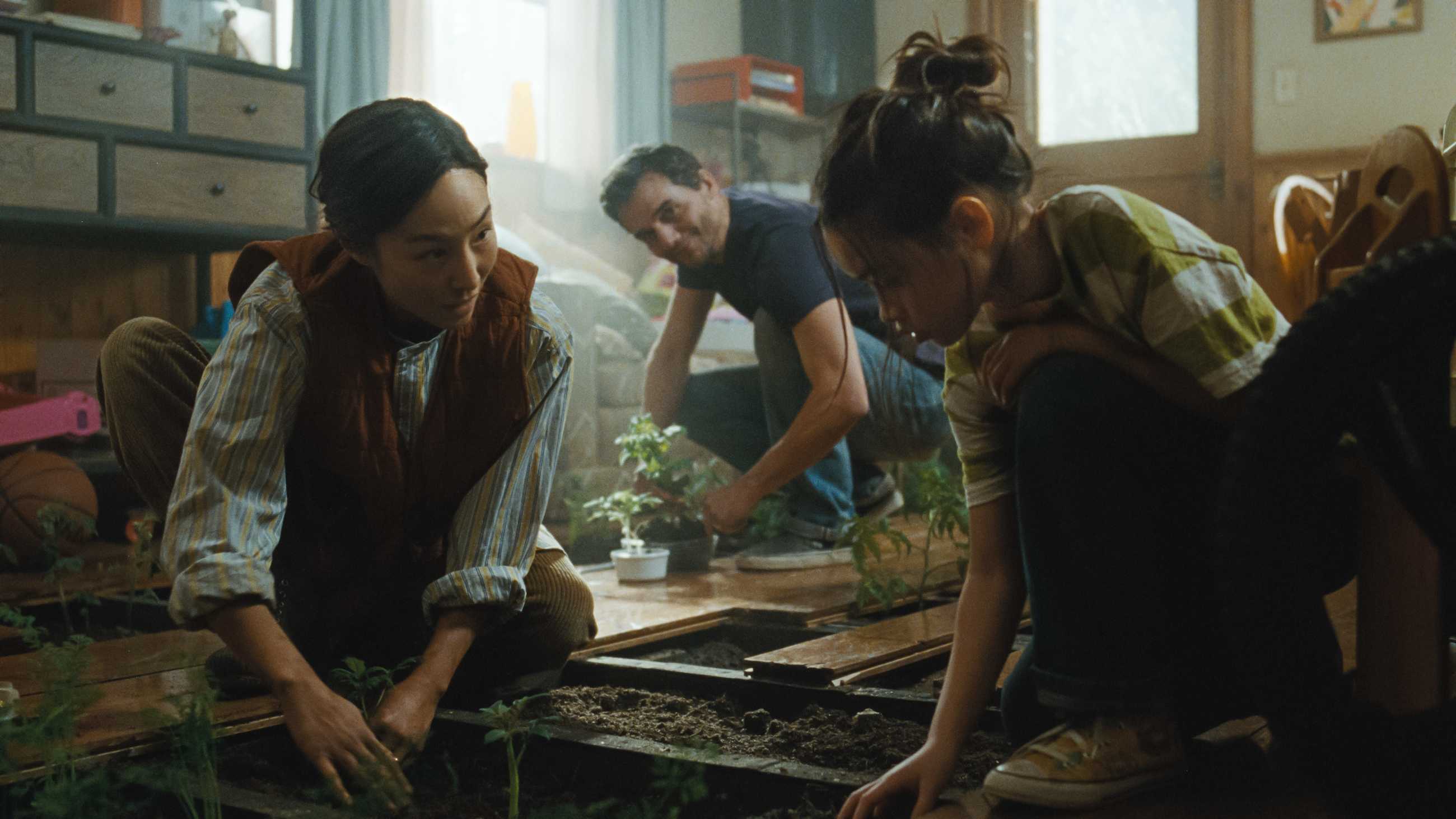 Ann, Jason and Ruth farming in their floorboards in The Last House