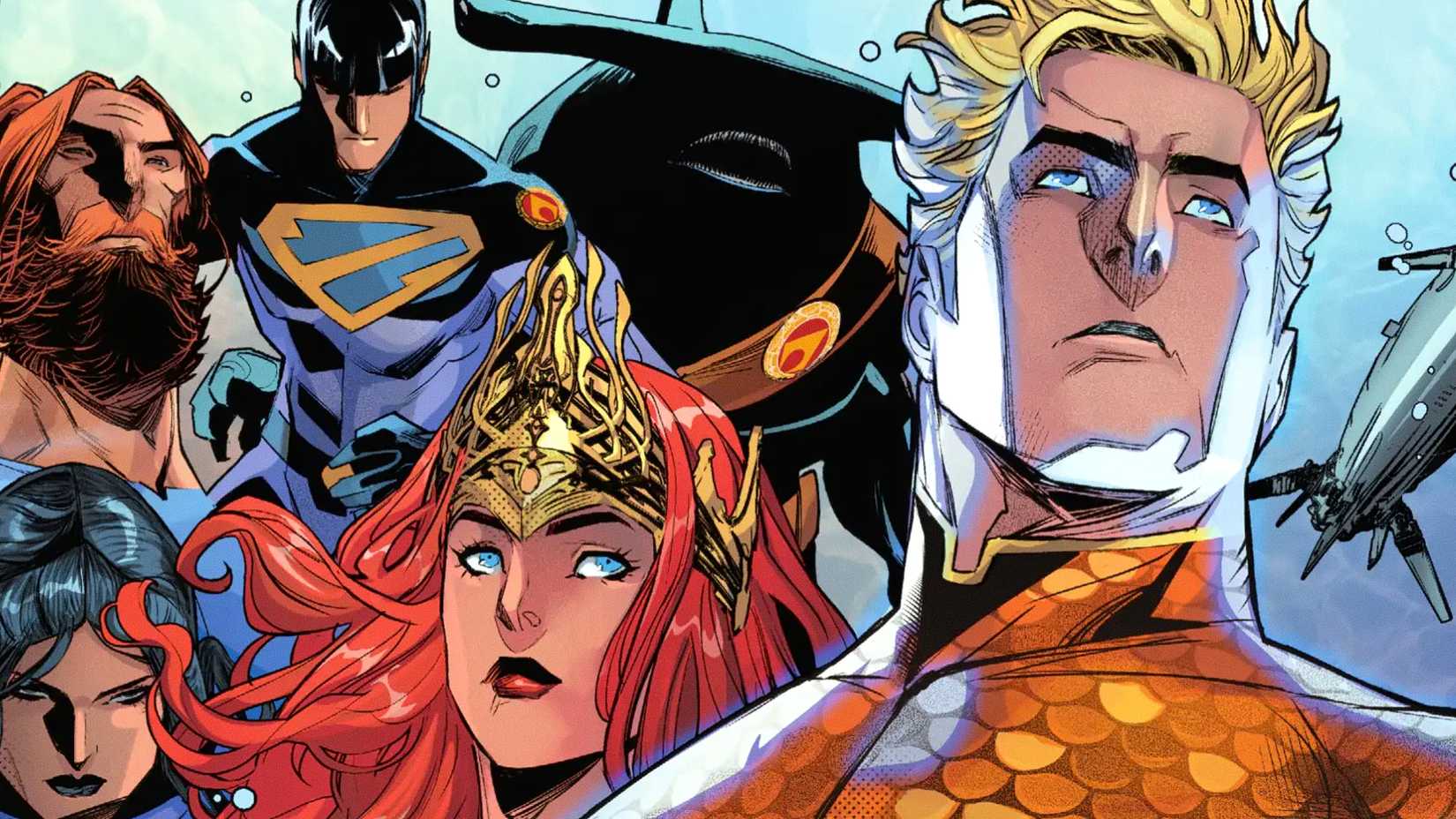 Aquaman, Mera, and their Atlantean allies look up in Emperor Aquaman