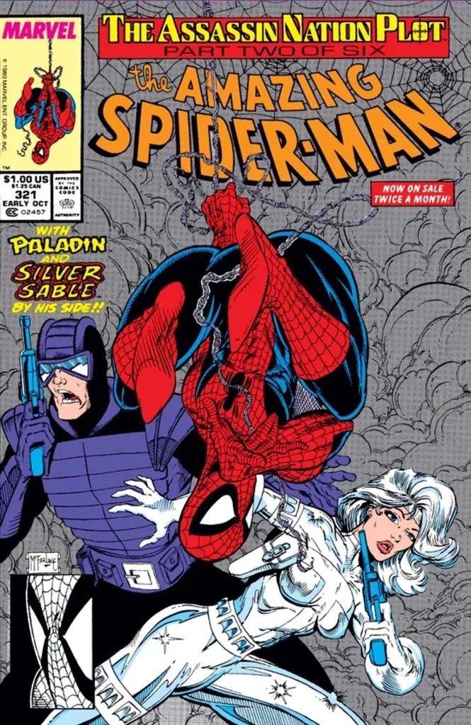 The cover of Amazing Sppider-Man 321 showing Spider-Man, Paldin, and Silver Sable surrounded by smoke.