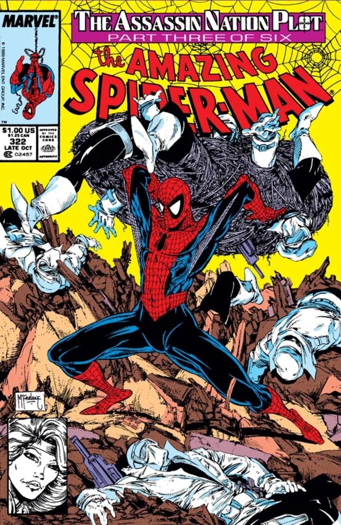 The cover of Amazing Sppider-Man 322 showing Spider-Man lifing a bunch of webbed up soldiers over his head.