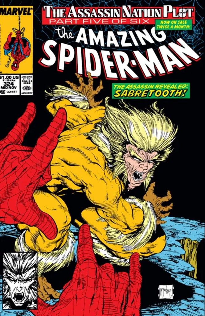 The cover of Amazing Sppider-Man 324 showing Sabretooth crouched down and ready to pounce. 