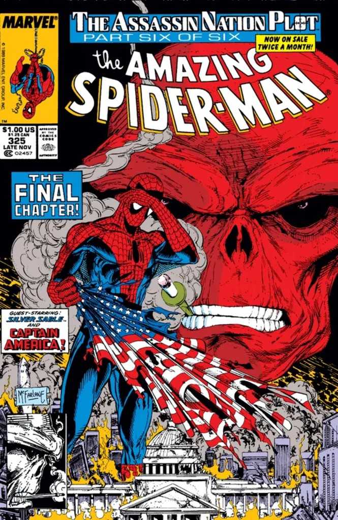 The cover of Amazing Sppider-Man 325 showing Spider-Man holding an American flag. Below him, the White House burns. Behind him is the face of Red Skull.