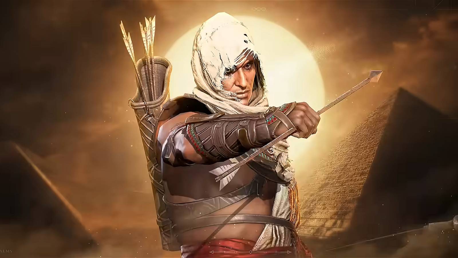 Bayek from Assassin's Creed Origins holding an arrow in Watcher of Realms.
