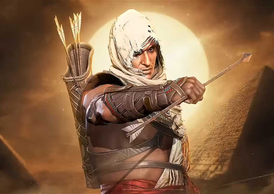 Bayek from Assassin's Creed Origins holding an arrow in Watcher of Realms.