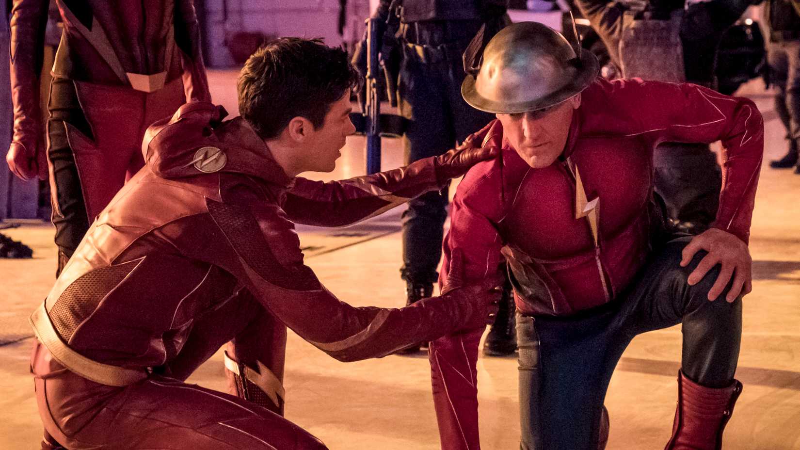 Barry Allen catches Jay Garrick as he falls in The Flash season 4, episode 15, "Enter Flashtime"