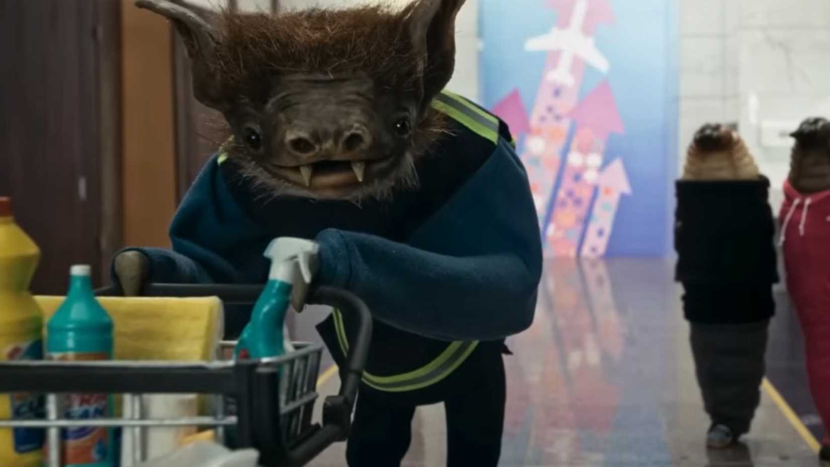 Bat in front of a washing cart in The End