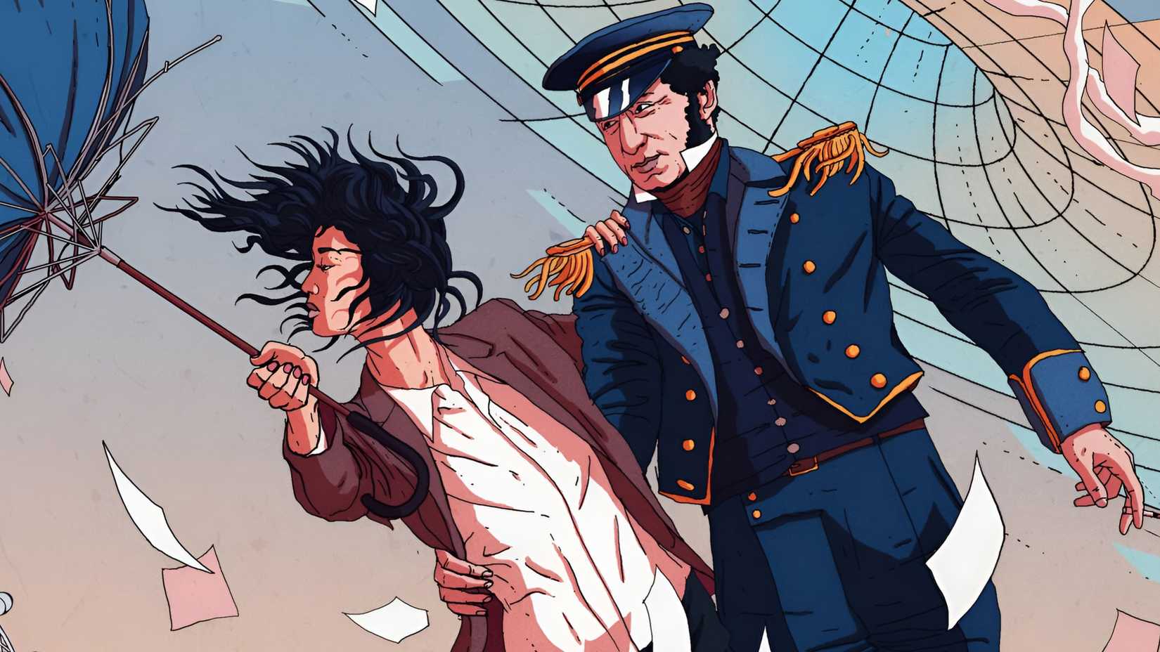 Two characters walking in a windy weather in the cover of Kailane Bradley’s The Ministry of Time