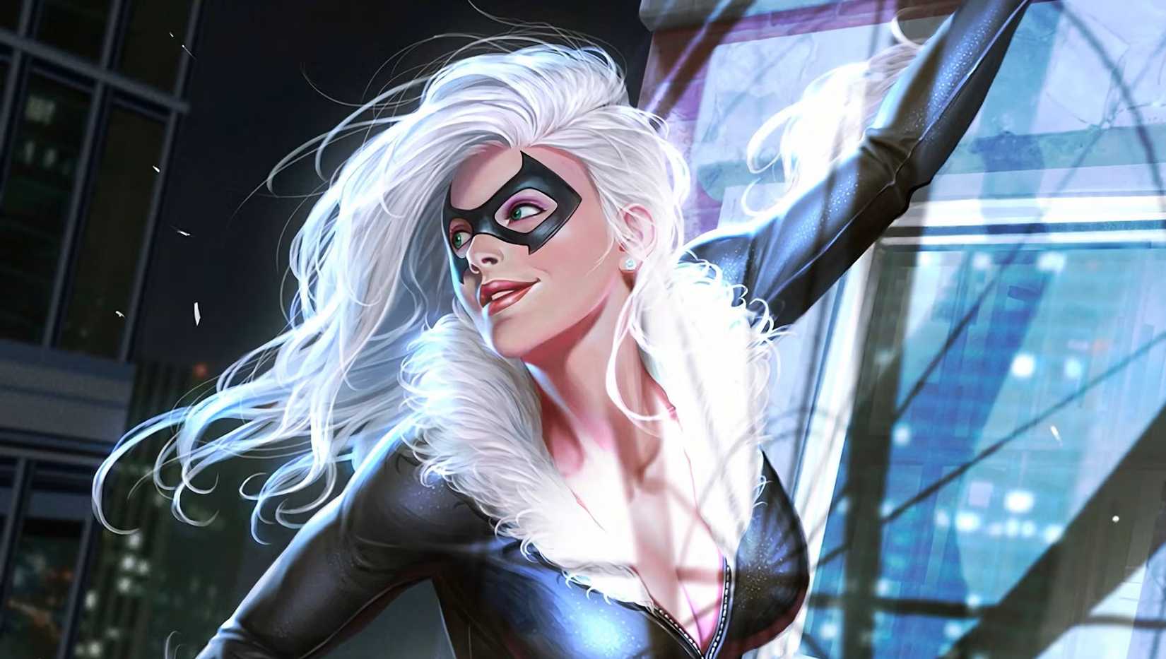 Black Cat from Spider-Man hanging from building