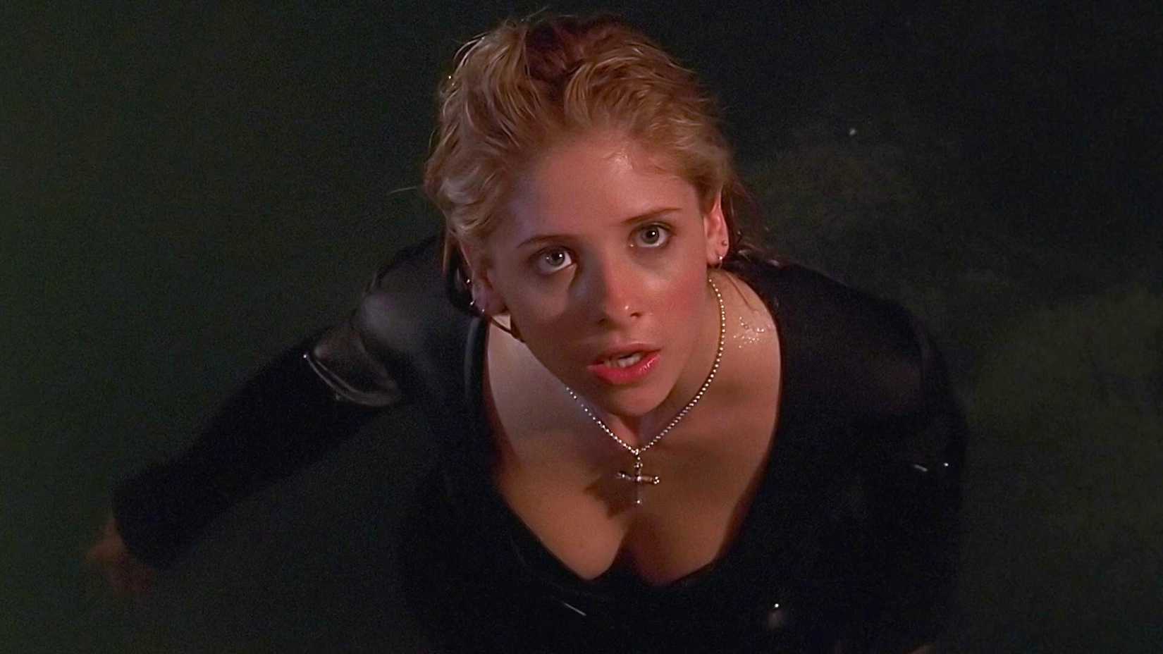 Buffy Summers surfacing from water in the Buffy the Vampire Slayer episode "Go Fish."
