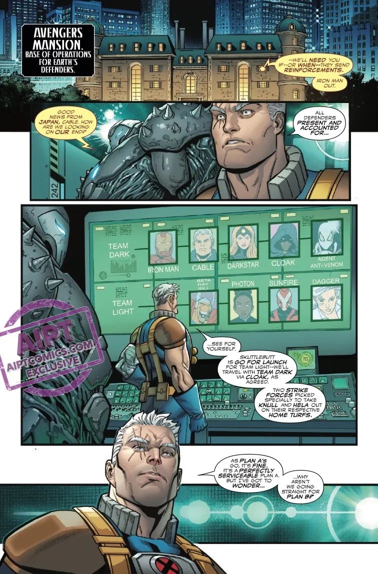 Cable checks on the Defenders of Light and Dark in Queen in Black #2