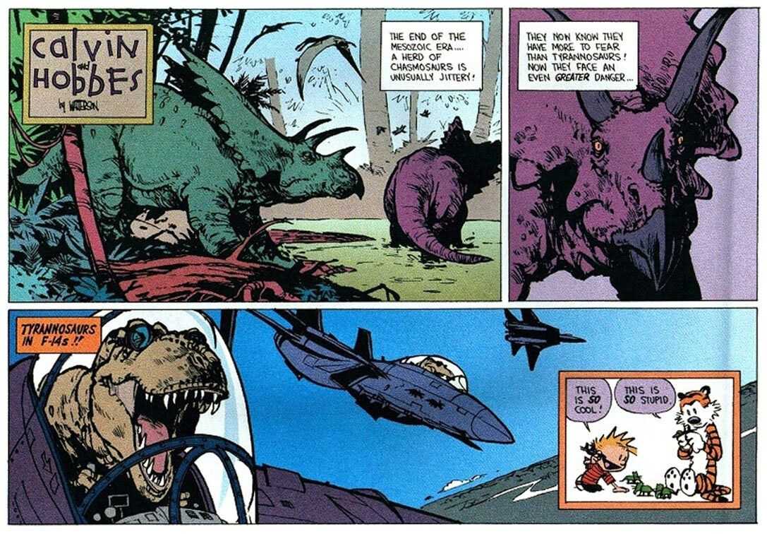Calvin and Hobbes imagine dinosaurs piloting fighter jets