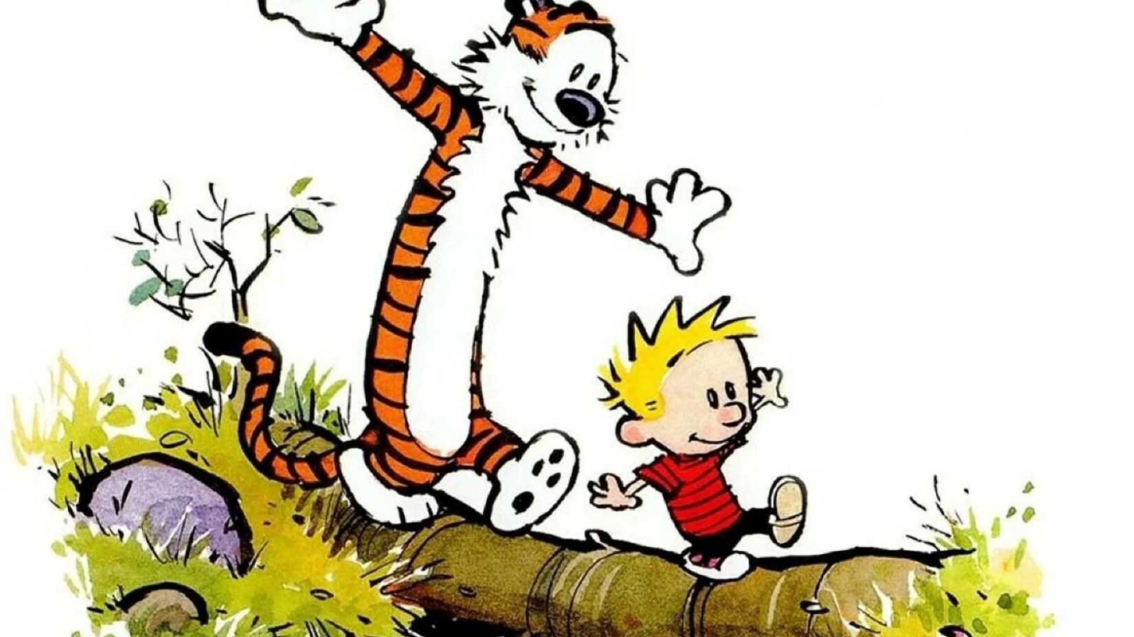 calvin and hobbes walking on a tree bridge