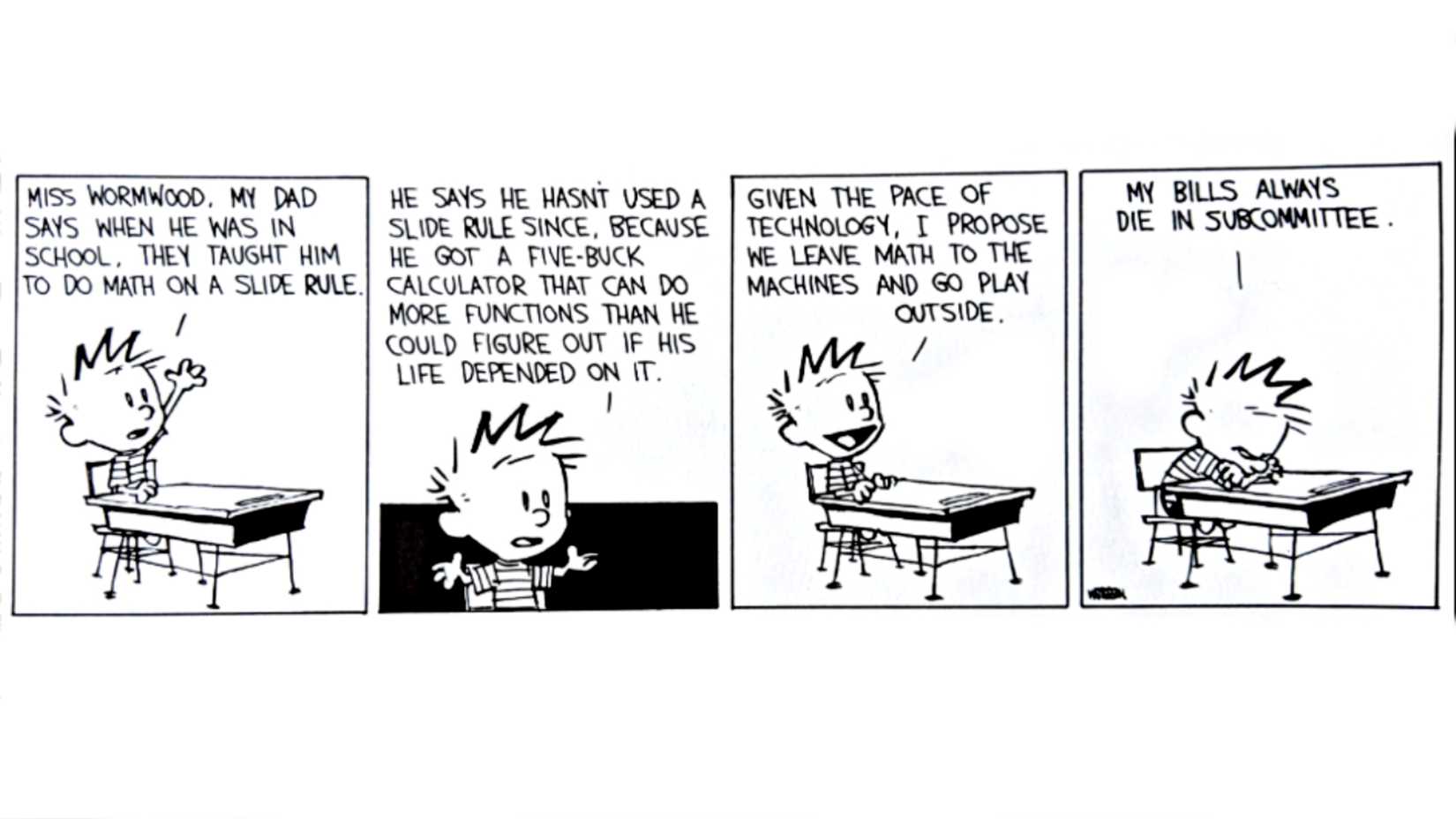 Calvin questions the progress of technology in Calvin and Hobbes