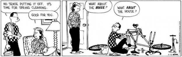 Calvin's dad gets discracted with his bike in Calvin and Hobbes