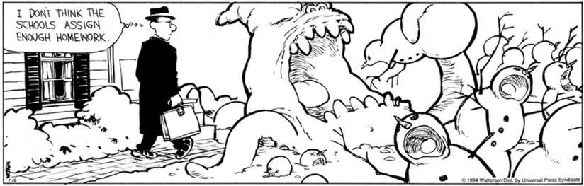 Calvin's dad sees massive snowmen sculptures in Calvin and Hobbes