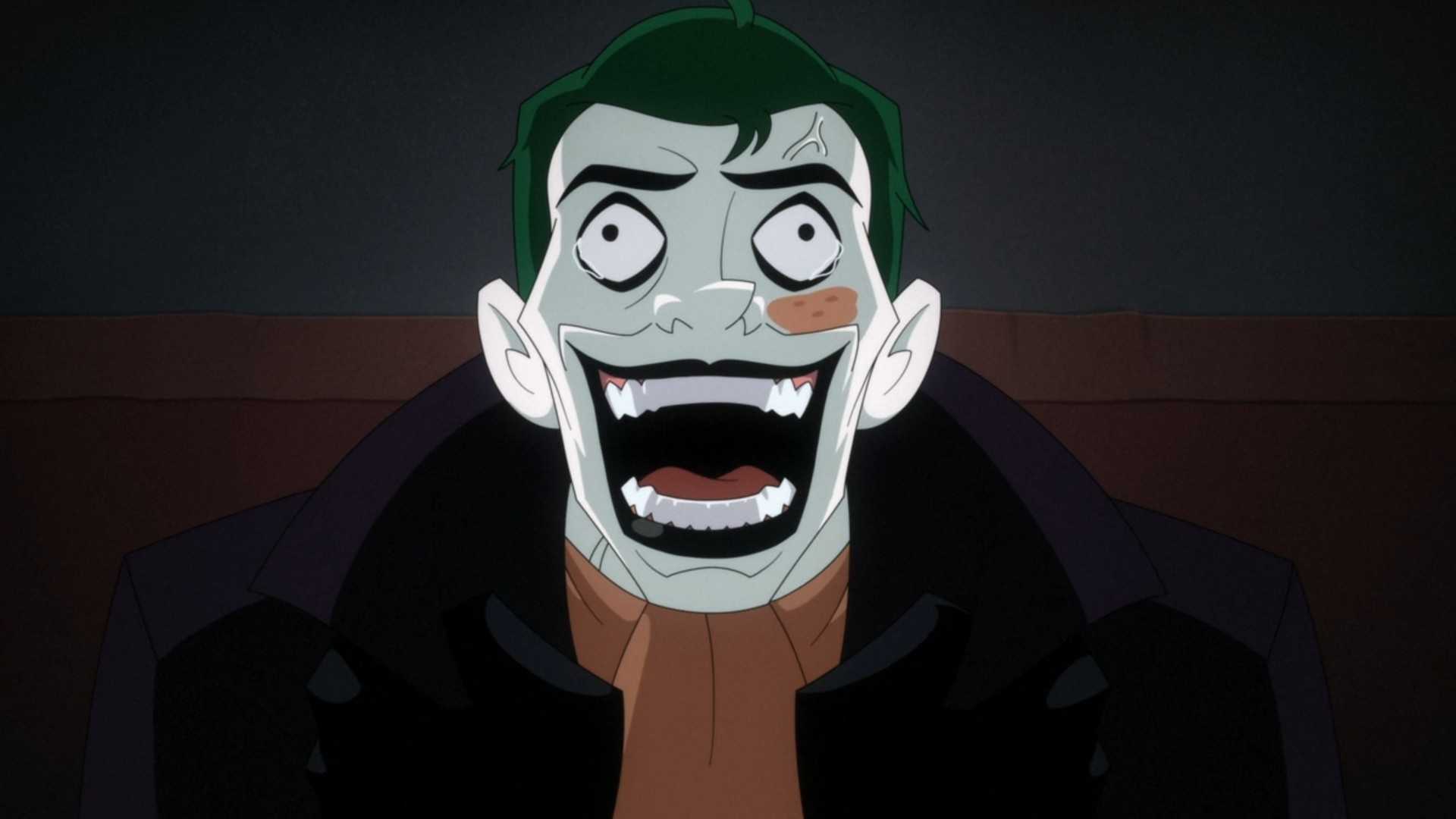 A mob goon dressed like Joker dying from laughing gas in Batman: Caped Crusader.