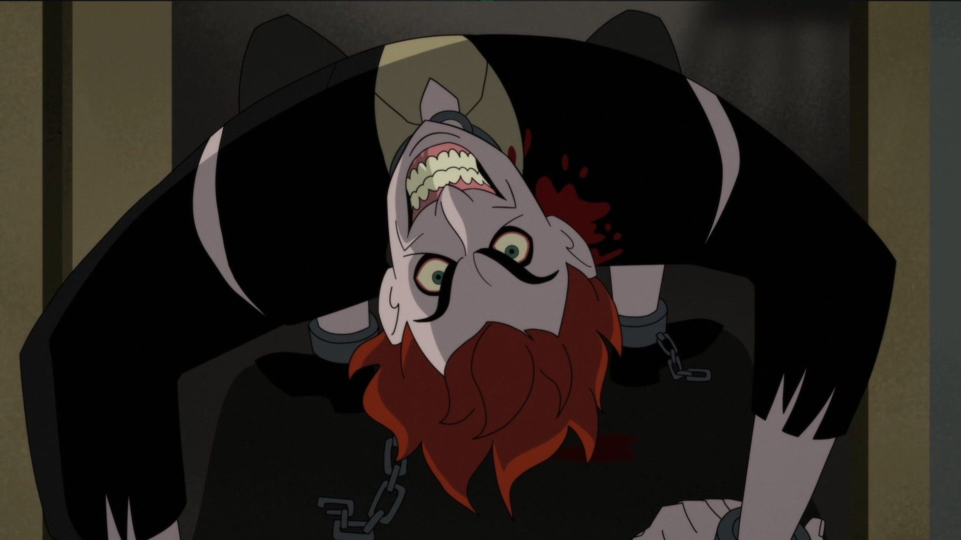 A criminal infected with Joker gas and walking upside down on his hands and feet in Batman: Caped Crusader.