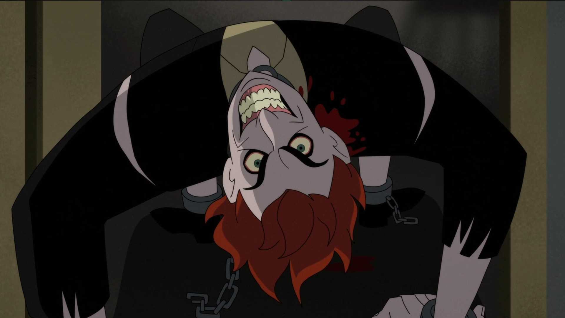 A criminal infected with Joker gas and walking upside down on his hands and feet in Batman: Caped Crusader.
