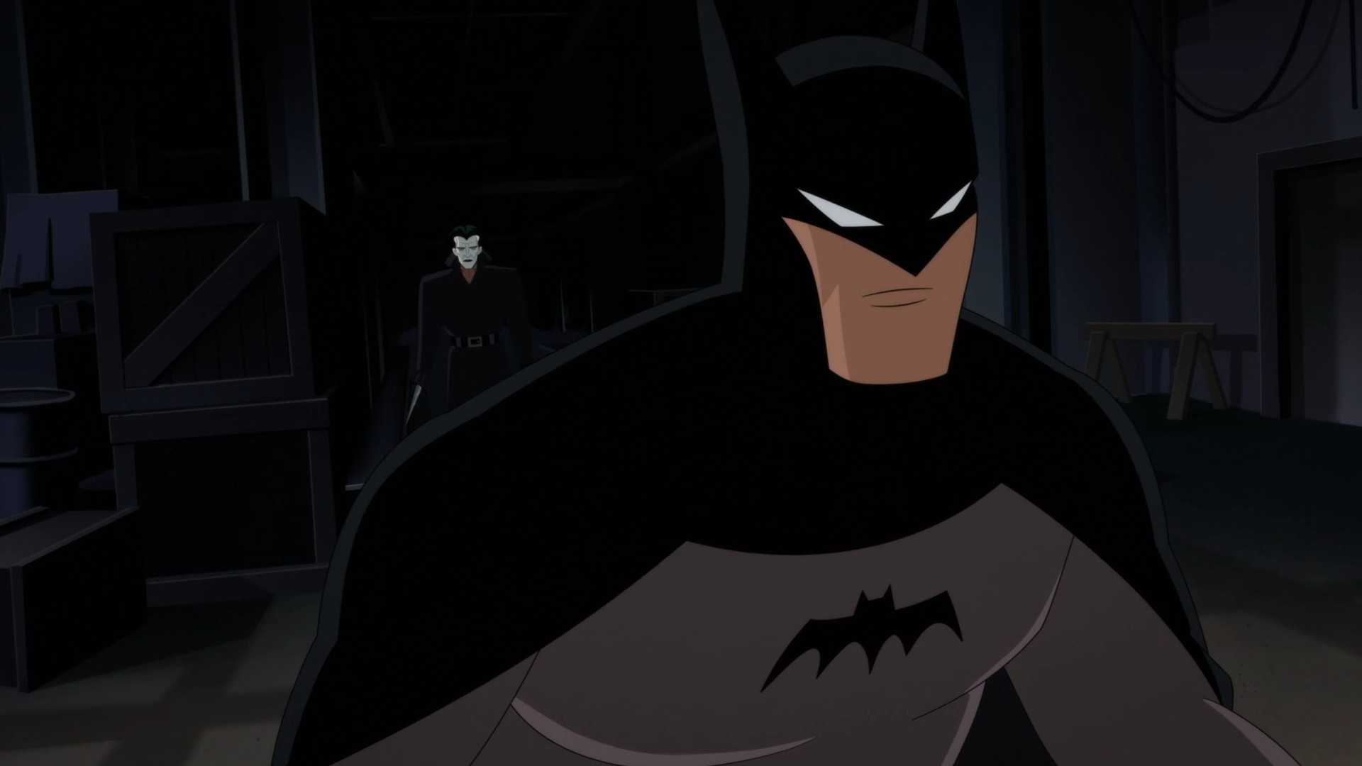 Joker sneaking up behind Batman in Batman: Caped Crusader.