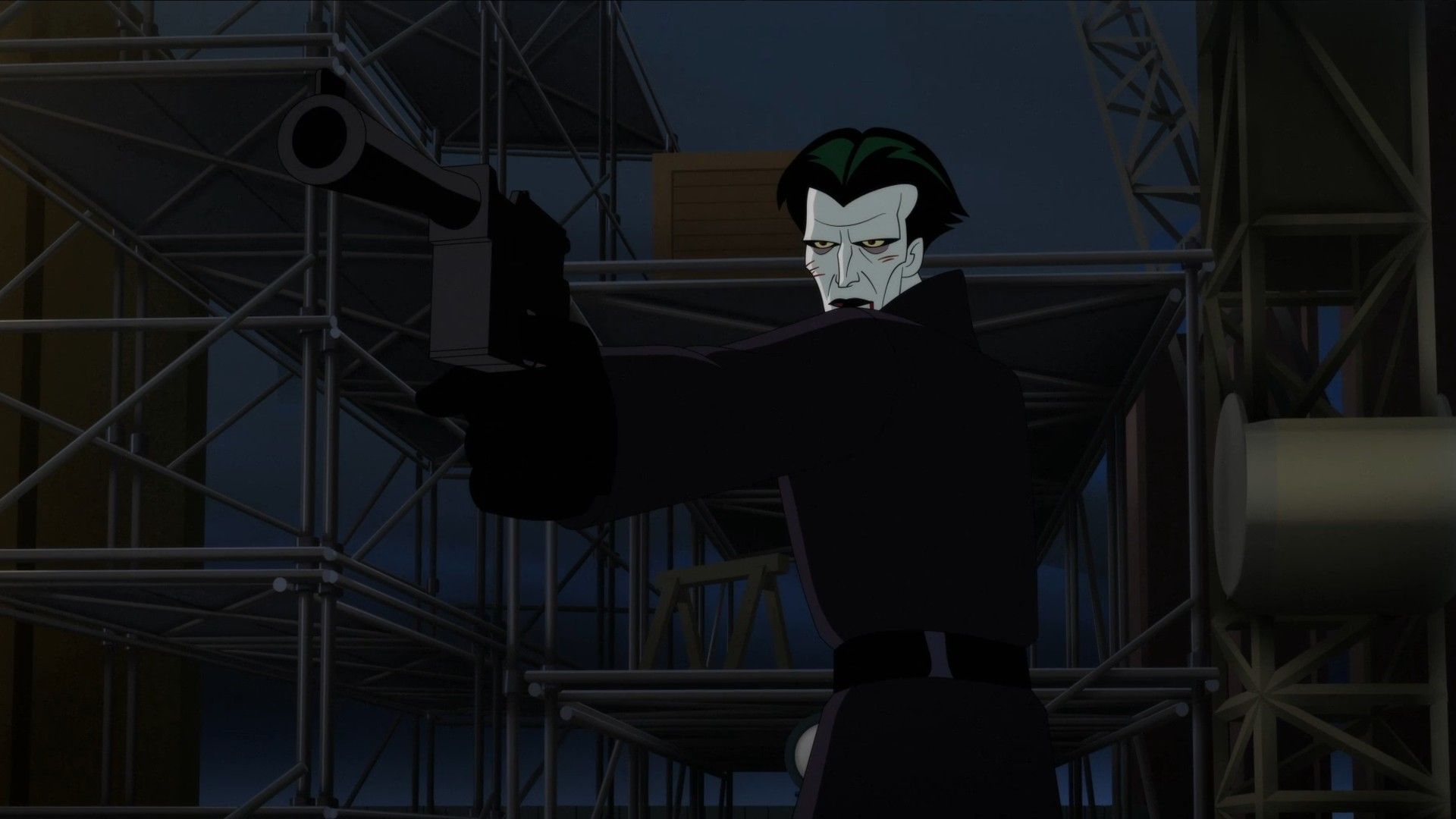 Joker, gun in hand, searching for Batman in Batman: Caped Crusader. 