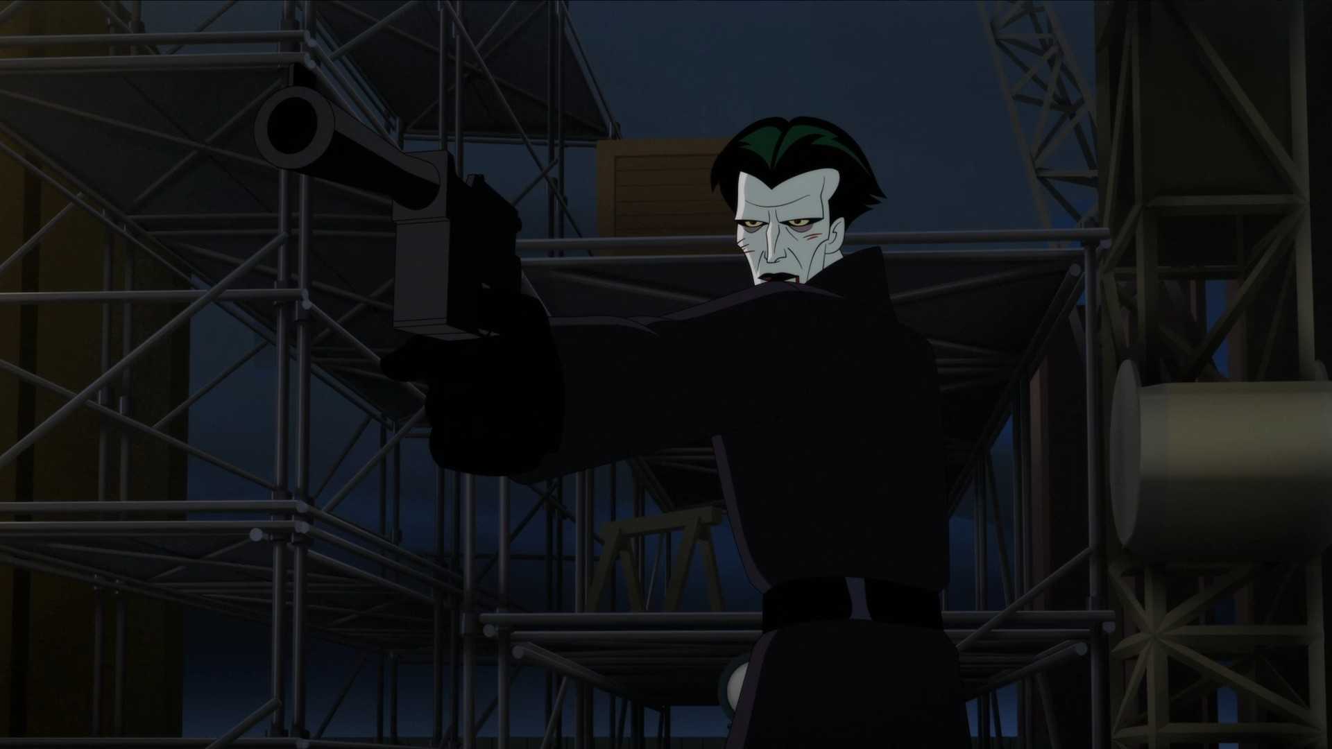 Joker, gun in hand, searching for Batman in Batman: Caped Crusader.