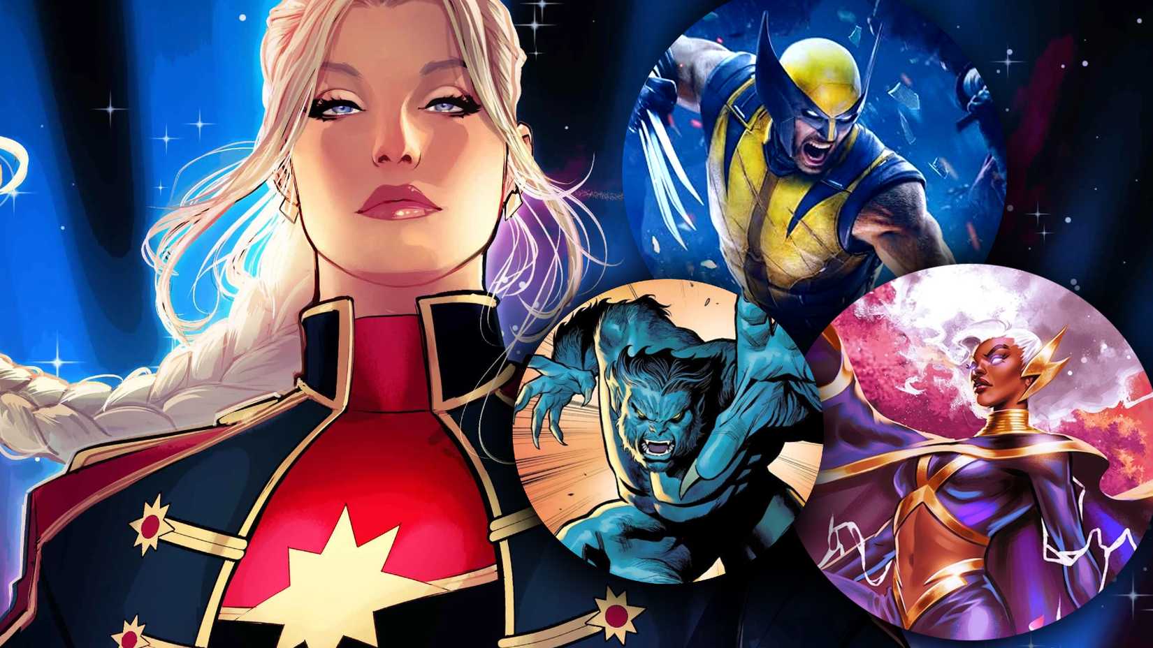captain marvel with x-men's beast, storm and wolverine in bubbles