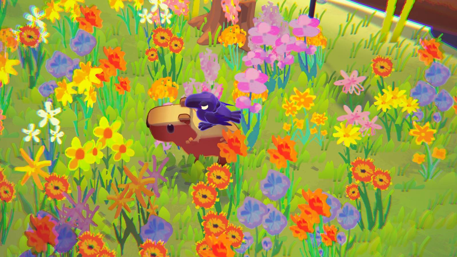 Capy Castaway image with Capy and Corvi in a field of flowers