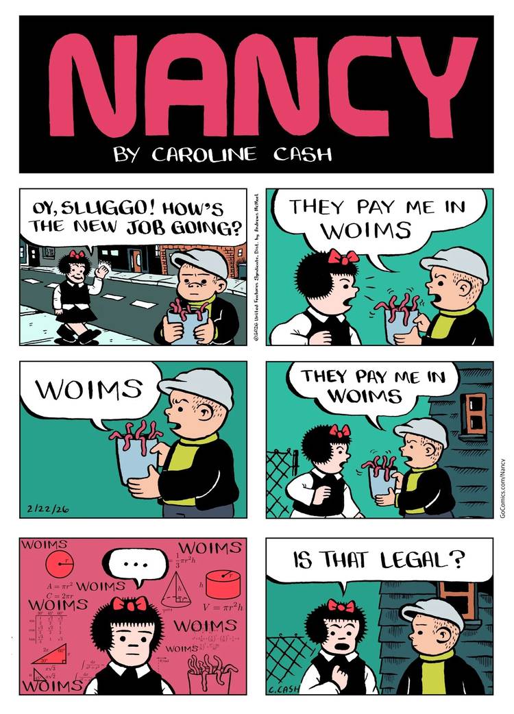 Caroline Cash's recreation of the "They pay me in woims" strip.