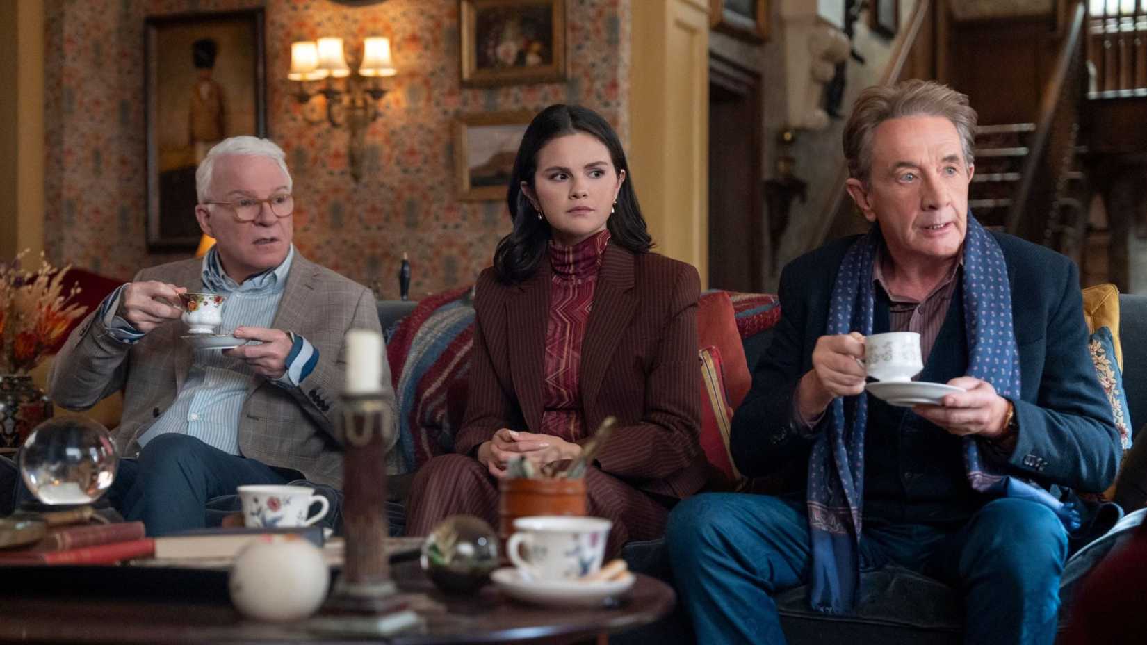Charles, Mabel, and Oliver sipping tea in Only Murders in the Building season 6