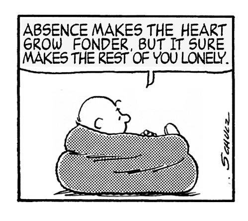 Charlie Brown analyzes the saying absence makes the heart grow fonder in Peanuts comic strip