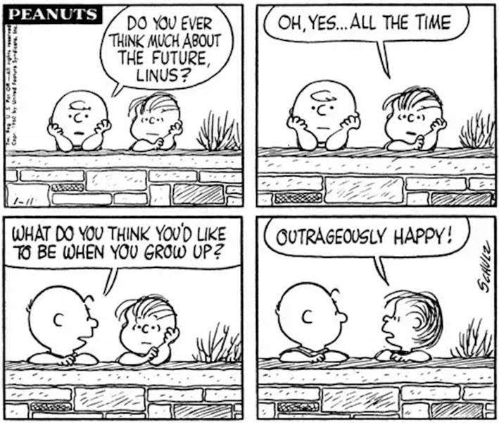 Charlie Brown and Linus in Peanuts' Outrageously happy! comic strip