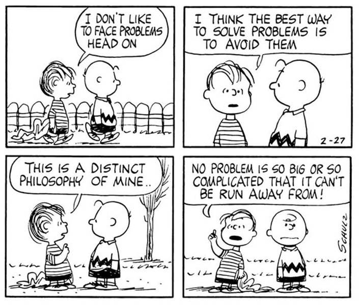 Charlie Brown and Linus van Pelt in Peanuts' “No problem is so big or so complicated that it can't be run away from!” comic strip